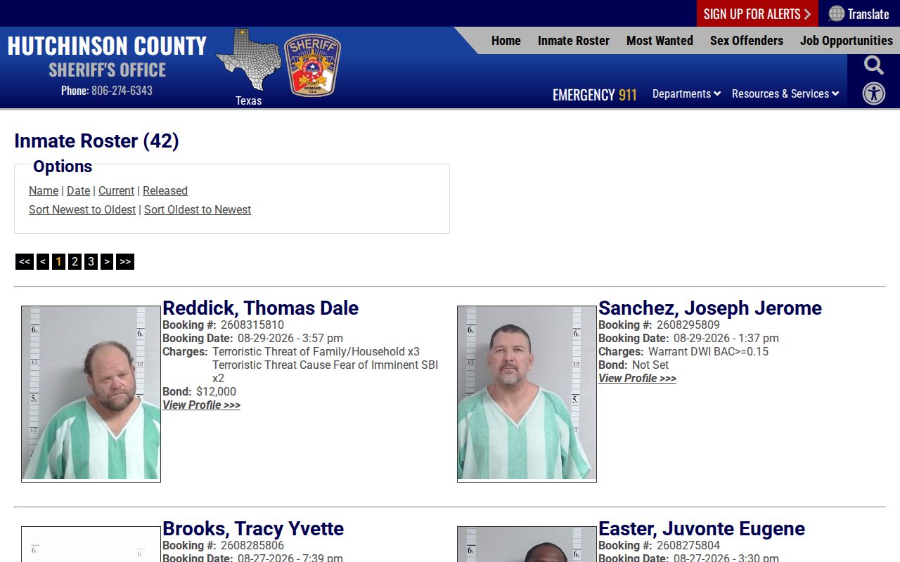 Hutchinson County official current jail roster and booking-record search screen
